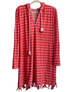 Cabana Life Coral and White Striped Hooded Cover-Up